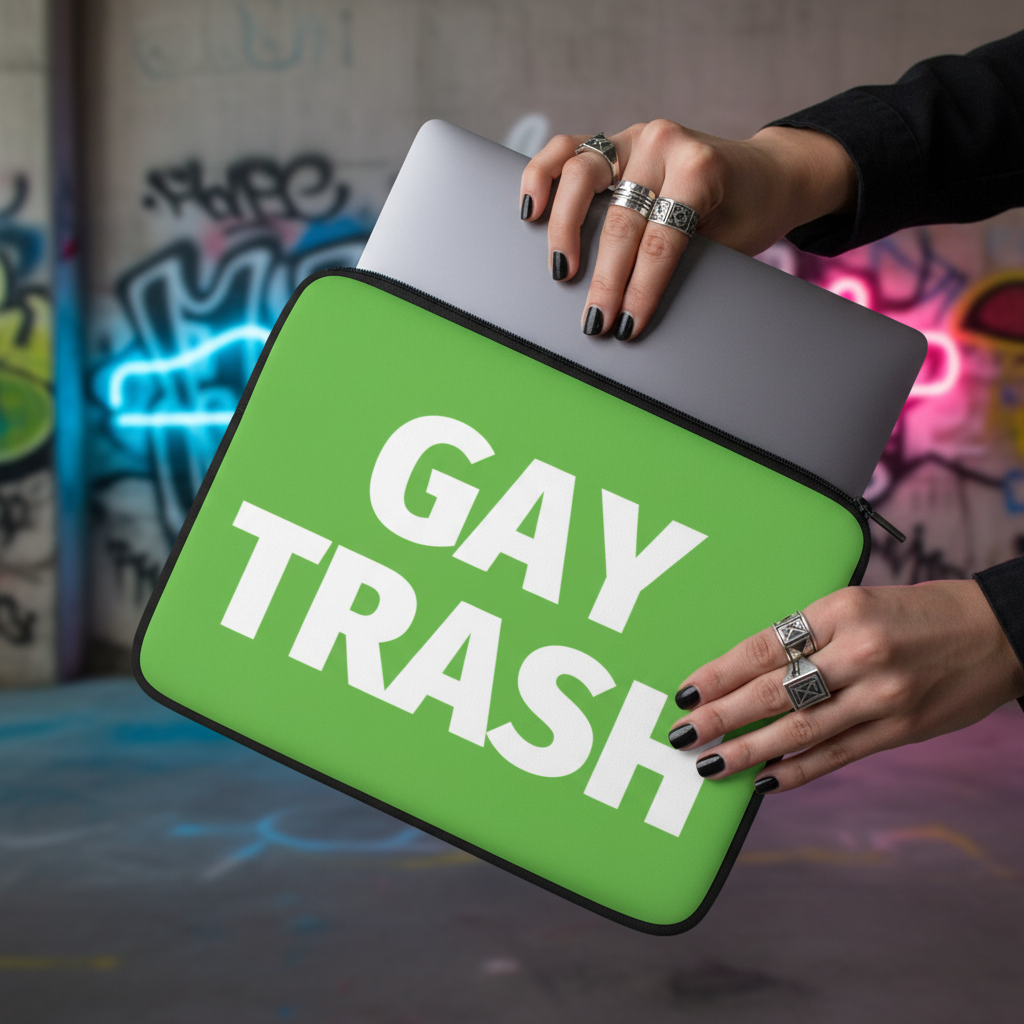 Gay Trash Laptop Sleeve—green with bold "GAY TRASH" text—held by queer hands, black nails, silver rings; graffiti wall backdrop.
