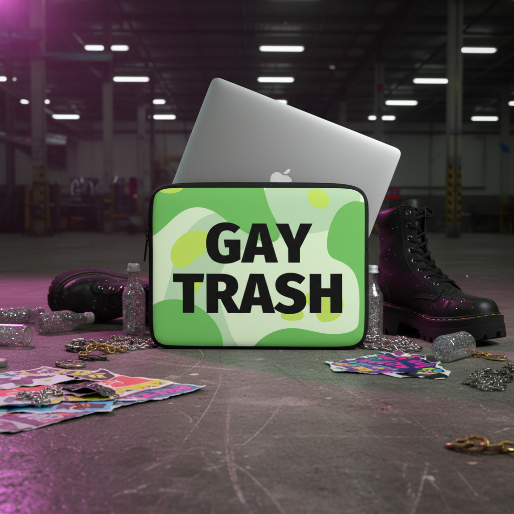 Laptop sleeve in green neoprene with abstract shapes and bold “GAY TRASH” text, holding a silver laptop amid queer party decor.