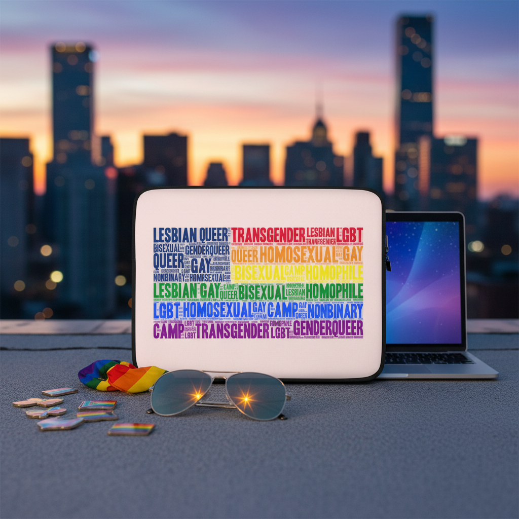 Gay USA Laptop Sleeve on a rooftop laptop, decked with rainbow pins, queer slogans, sunglasses, and flag; LGBTQ+ terms all over.