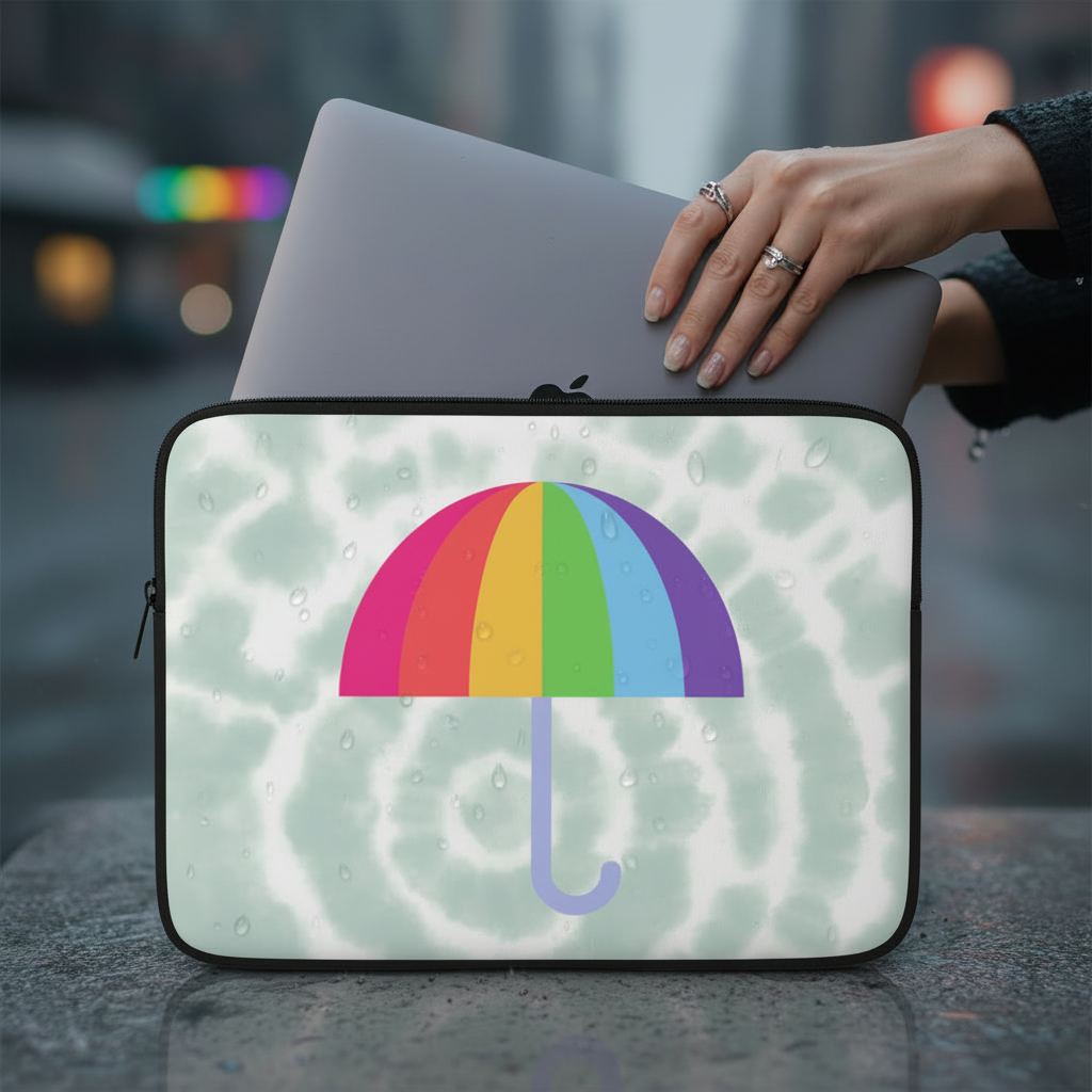 Padded, waterproof Gay Umbrella Laptop Sleeve shows a rainbow umbrella with water drops; set on tie-dye in a rainy queer city scene.