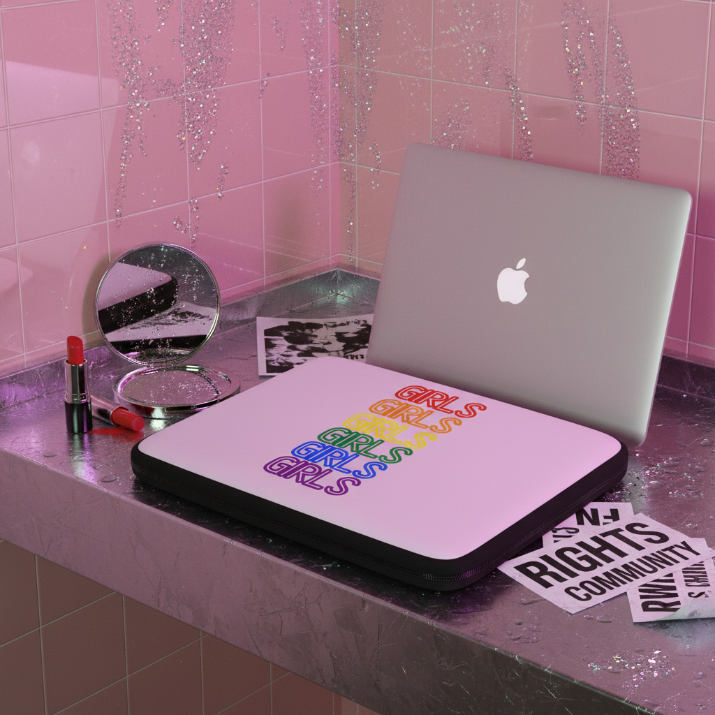 Laptop sleeve with pink faux fur and bold rainbow “Girls Girls Girls” lettering, shown by MacBook, lipstick, and rights stickers on glitter.