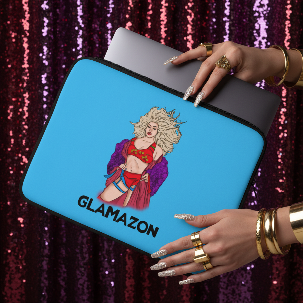 Laptop sleeve with a blue pride-inspired design, “GLAMAZON” text, drag queen in glam red and blonde hair, sparkling sequin background.