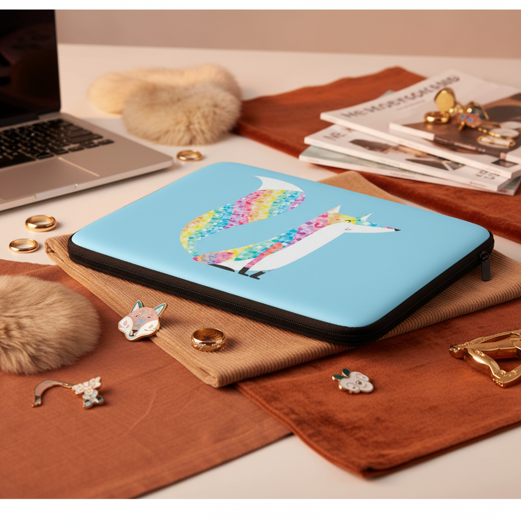 Glitter Fox Laptop Sleeve with a bold geometric fox on blue neoprene, shown on rust-orange fabric near queer-cute rings, fox pin, pom-poms, laptop, mags, gold earrings, and small trinkets.