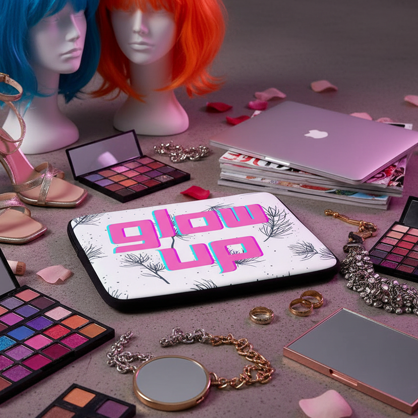 Glow Up Laptop Sleeve with feather designs and hot pink "glow up" text, next to a laptop, bold makeup, wigs, heels, jewelry.