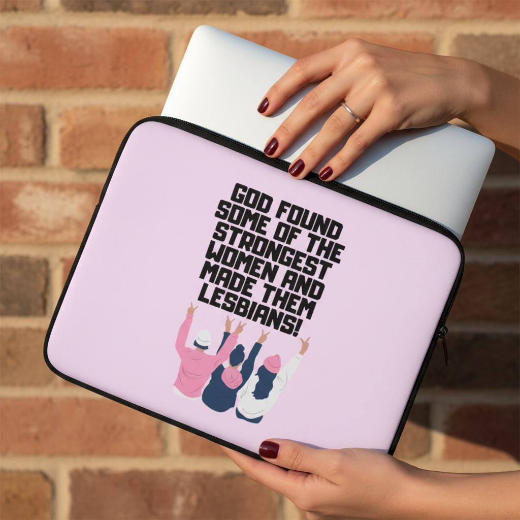 Laptop sleeve with pink fabric, black trim, and art of two women raising arms by the slogan: “God found some of the strongest women and made them lesbians!”.
