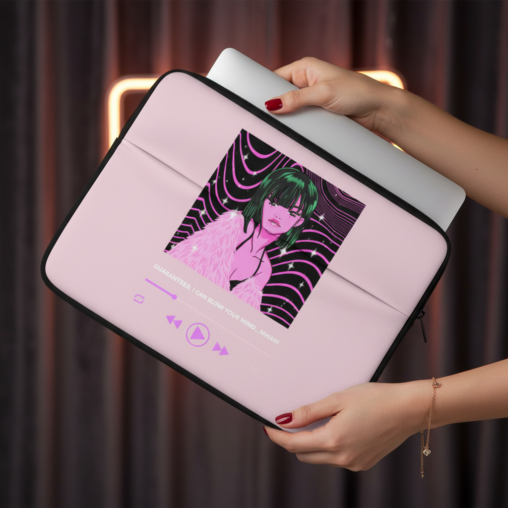 Neoprene laptop sleeve with “Guaranteed, I Can Blow Your Mind...Mwah!” and a bold green-haired femme on black waves, music player icons, and the text “QUANTUMTEA | I CAN SHOW YOUR MIND - MINAMI.”.