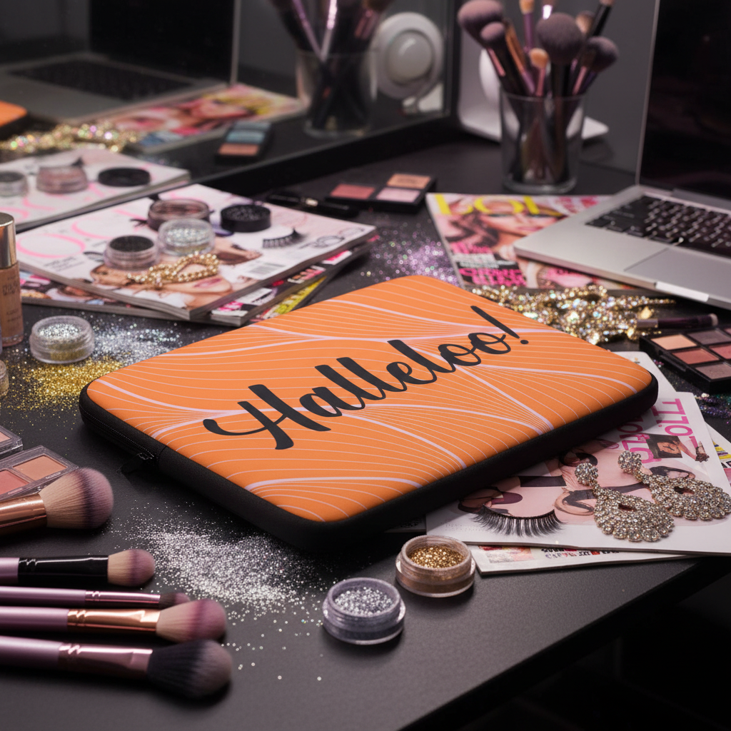 Halleloo! Laptop Sleeve in orange neoprene with bold wavy lines and “Halleloo!” script stands out on a vanity of makeup essentials.