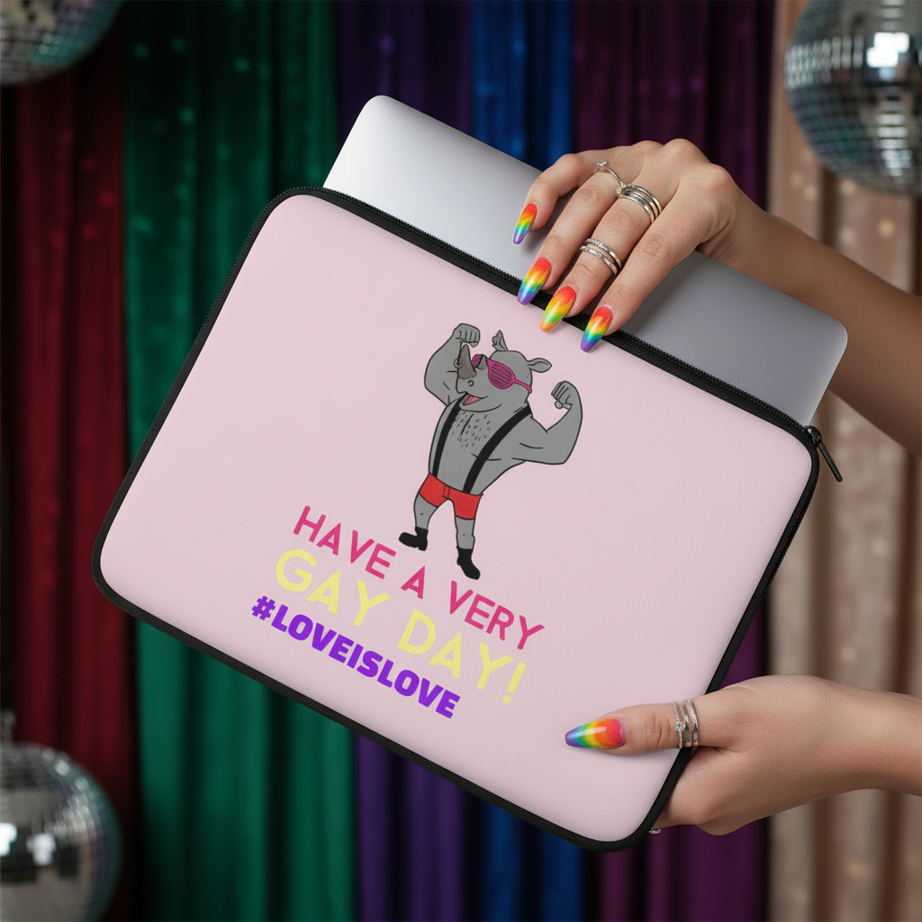 Have A Very Gay Day! pink neoprene laptop sleeve with a buff rhino in sunglasses, rainbow curtains, disco balls, #LOVEISLOVE, held by rainbow-nailed hand.