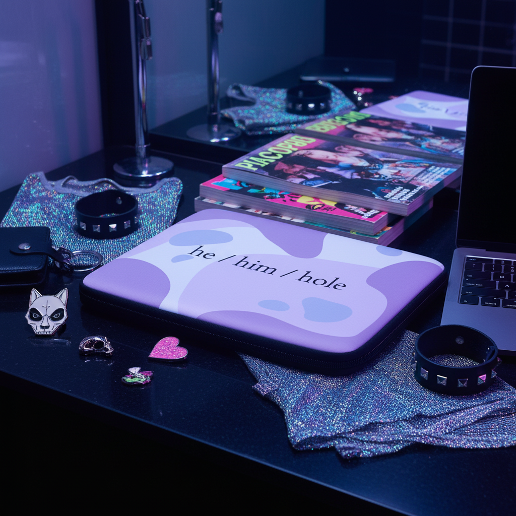 He / Him / Hole Laptop Sleeve on a desk, surrounded by queer wristbands, rings, a metallic mask pin, zines, and cow-print case. Sparkly clothes shimmer nearby under blue and purple lights.