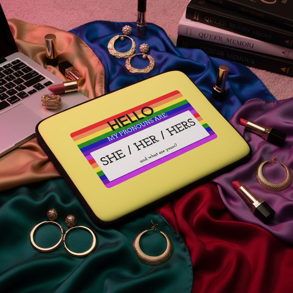 Yellow laptop sleeve with a rainbow "Hello My Pronouns Are She / Her / Hers" name tag, queer books, earrings, lipsticks, satin.