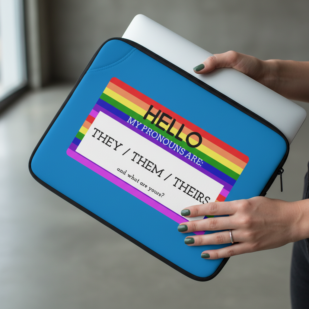 Blue neoprene laptop sleeve with "Hello My Pronouns Are They / Them / Theirs" and a rainbow-striped sticker, held by a hand with painted nails and a ring; laptop halfway inside.