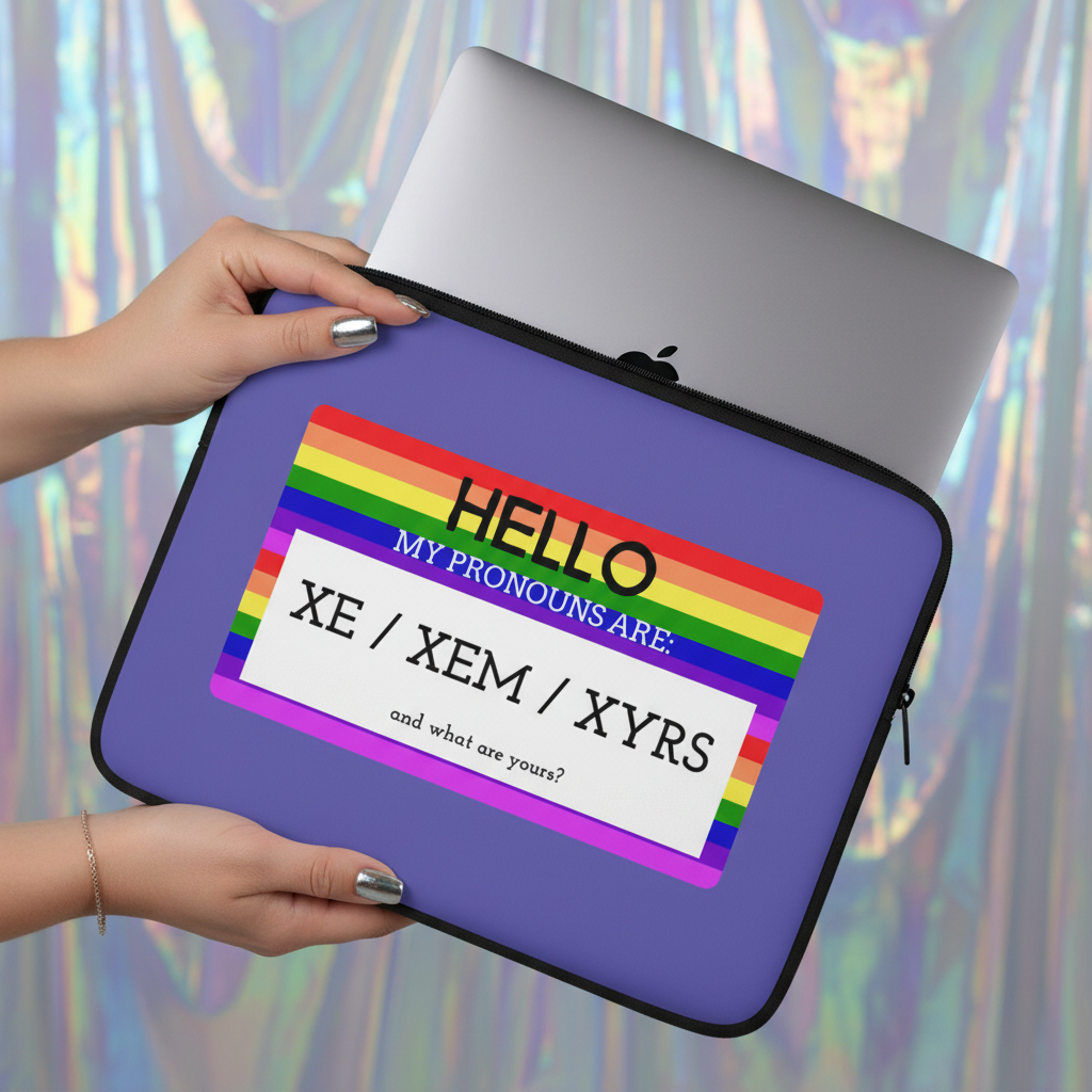 Laptop sleeve reads "Hello My Pronouns Are Xe / Xem / Xyrs" on a rainbow-bordered tag, held over a shiny holographic backdrop.