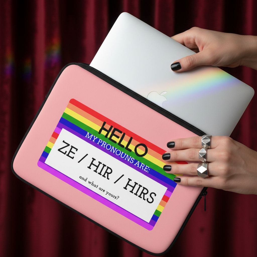 Pink laptop sleeve with "Hello My Pronouns Are Ze / Hir / Hirs" and a rainbow-striped tag, held by someone with black nails.