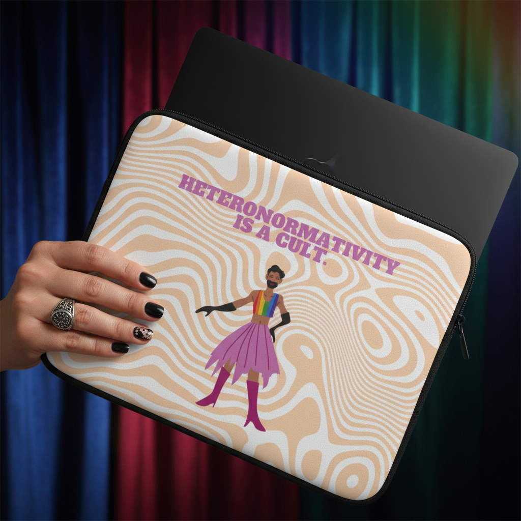 Heteronormativity Is A Cult laptop sleeve held by a ringed hand; design shows stylized queer person, rainbow top, pink skirt, bold purple text: HETERONORMATIVITY IS A CULT on beige wavy background.