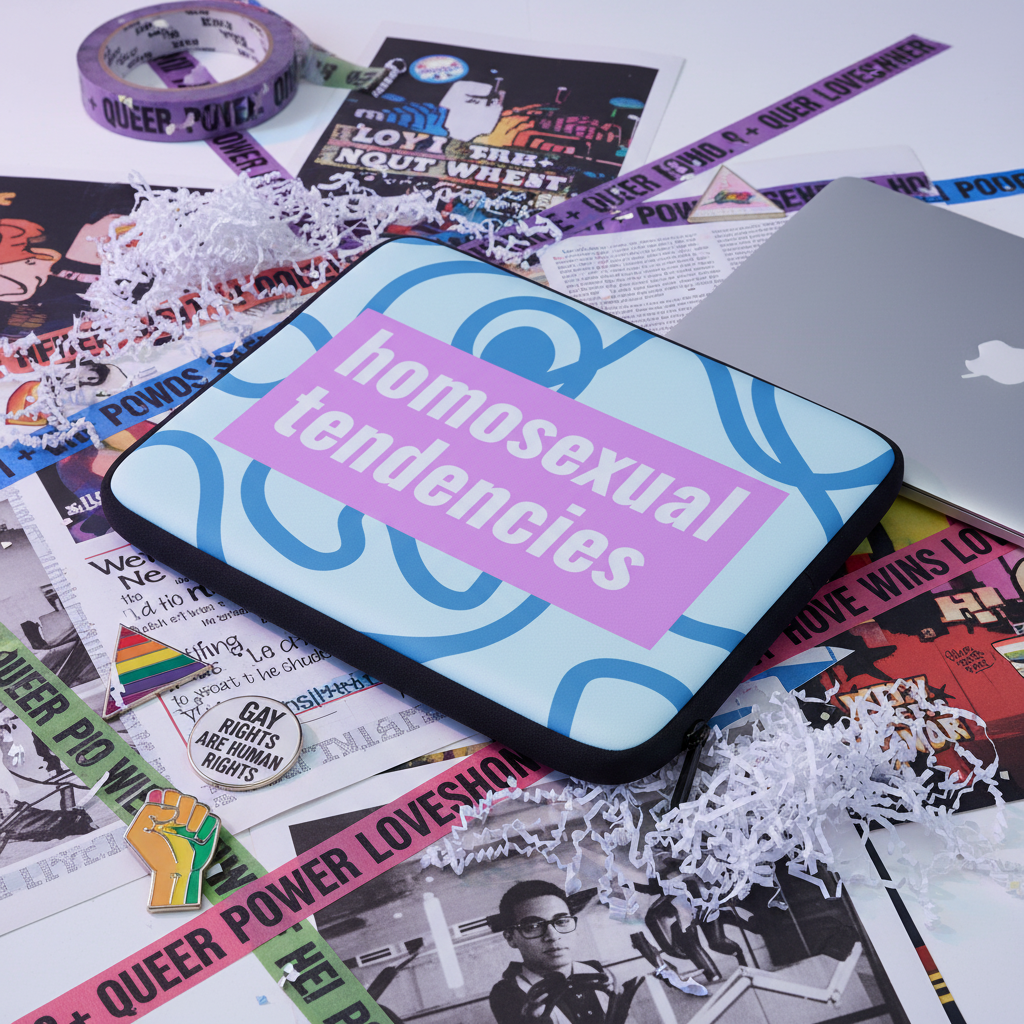 Pastel blue and purple “homosexual tendencies” laptop sleeve with LGBTQ+ mags, rainbow “GAY RIGHTS ARE HUMAN RIGHTS” pin, queer stickers, confetti, and purple “QUEER POWER” tape.
