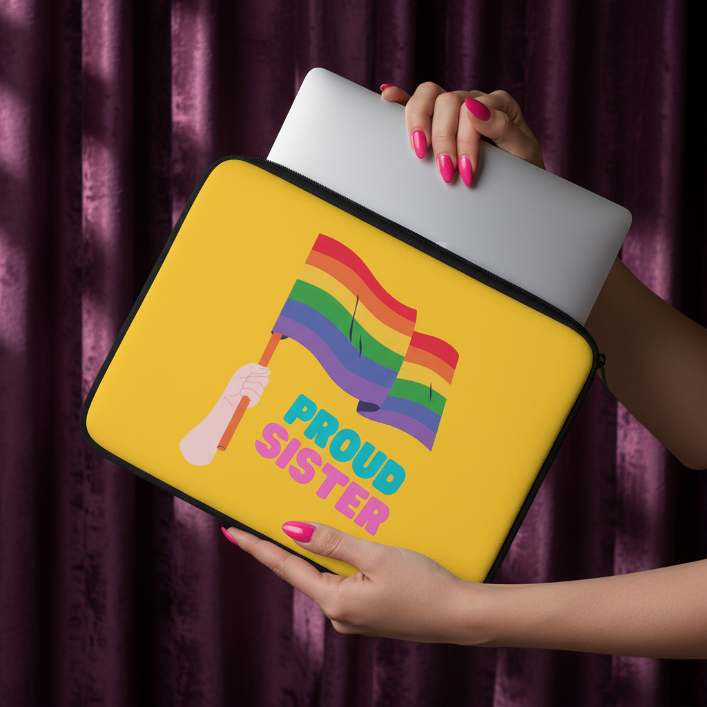 Yellow Proud Sister Laptop Sleeve, water-resistant, shows a hand waving a rainbow flag; pink-nailed hands, deep purple satin backdrop.