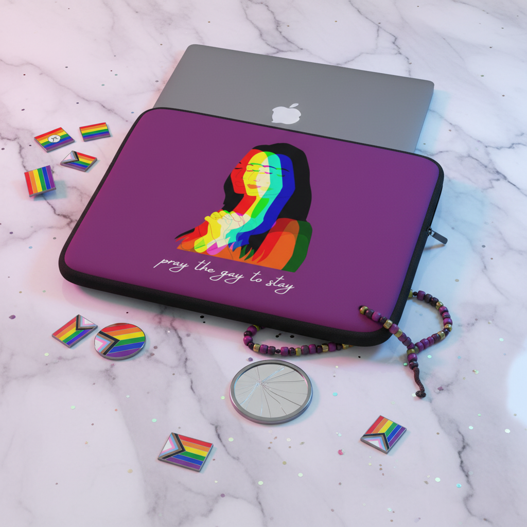 Pray The Gay To Stay laptop sleeve with rainbow praying woman, half-open showing a silver MacBook; rainbow pins, bracelet, and pride accessory nearby.