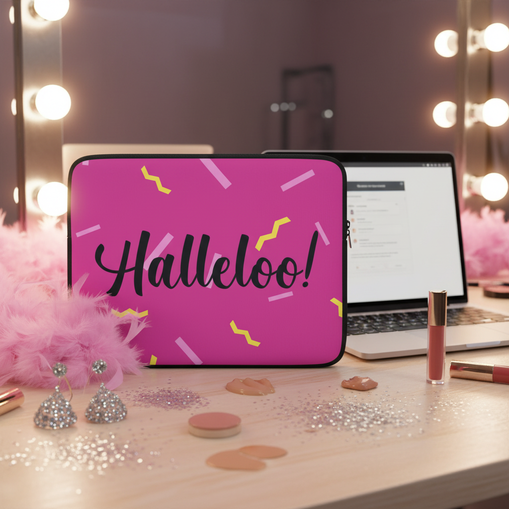 The Halleloo! Laptop Sleeve on a vanity table, with pink feathers, glittery earrings, makeup, and glowing bulbs for queer glam vibes.