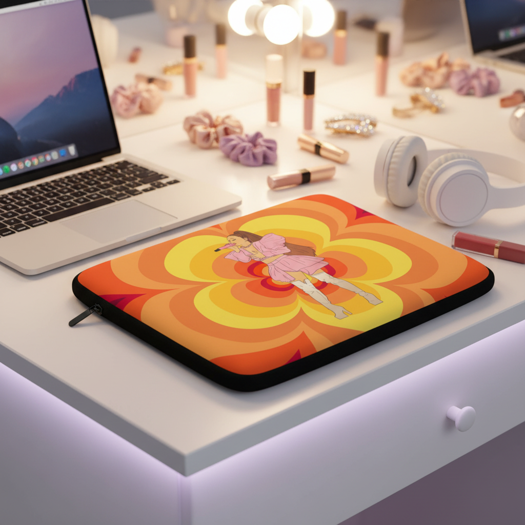 Ariana Grande laptop sleeve in retro orange-yellow swirls, pink cartoon femme on a white desk; laptop, scrunchies, and vanity essentials.