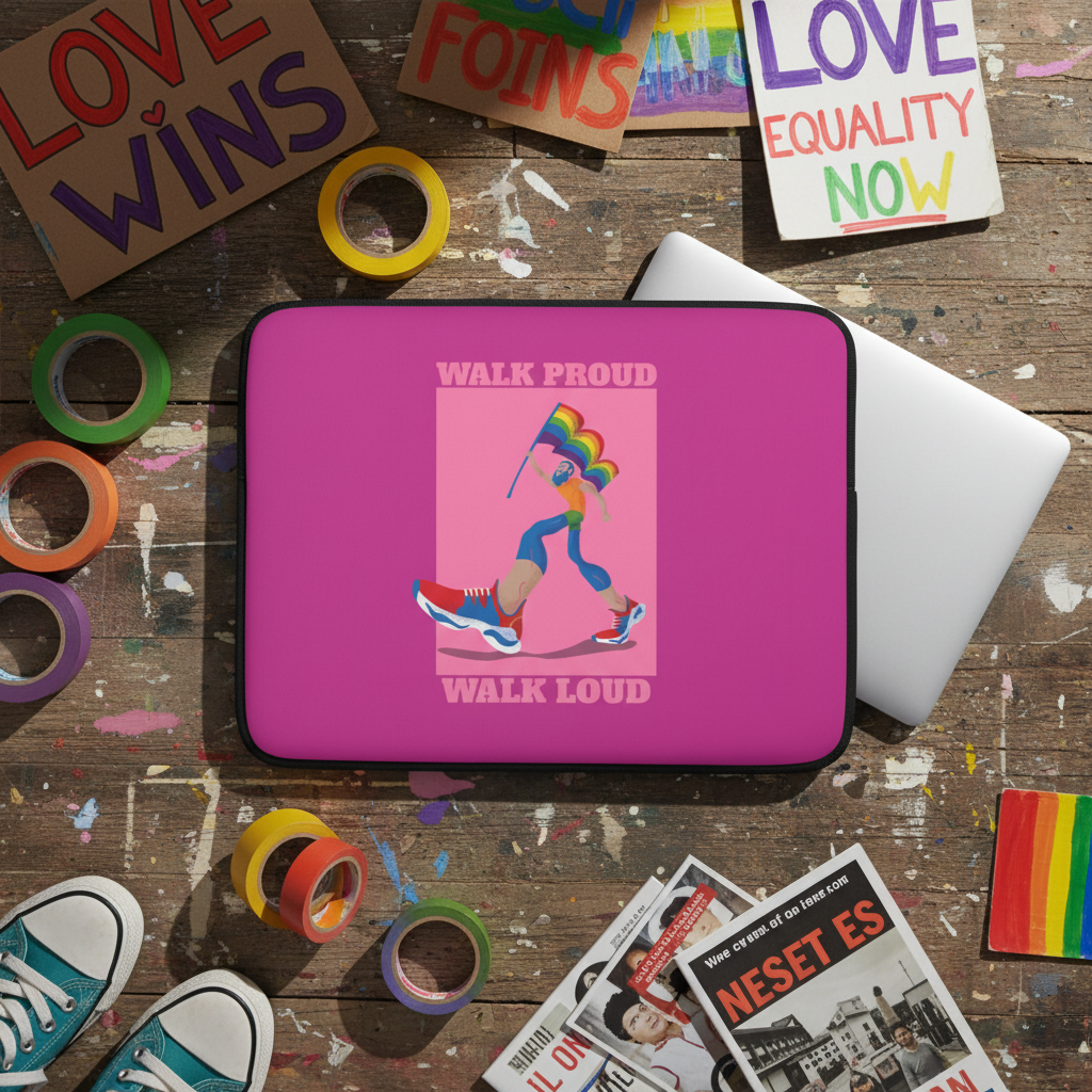Walk Proud Walk Loud Laptop Sleeve on a wood table, featuring a person with a rainbow pride flag; rainbow tape, “LOVE WINS” signs, magazines, and sneakers with rainbow laces surround it.