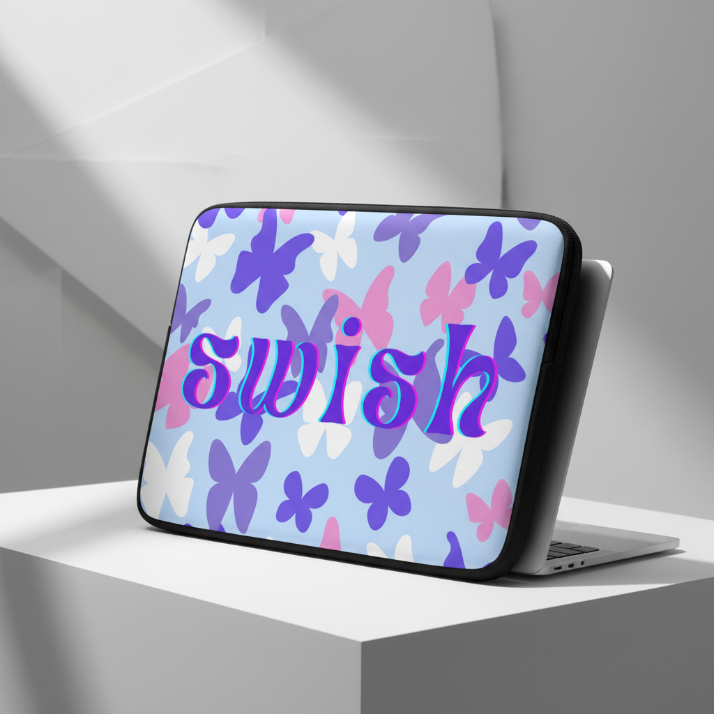 Laptop sleeve with a light blue base, black zipper, purple "swish" text, and pink, purple, and white butterfly print. Displayed on white pedestal.