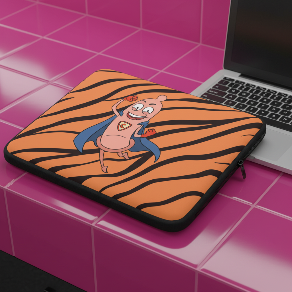Laptop sleeve called “The Super Condom” with bold orange and black tiger stripes, plus a cartoon sausage hero in blue cape, on pink tile.