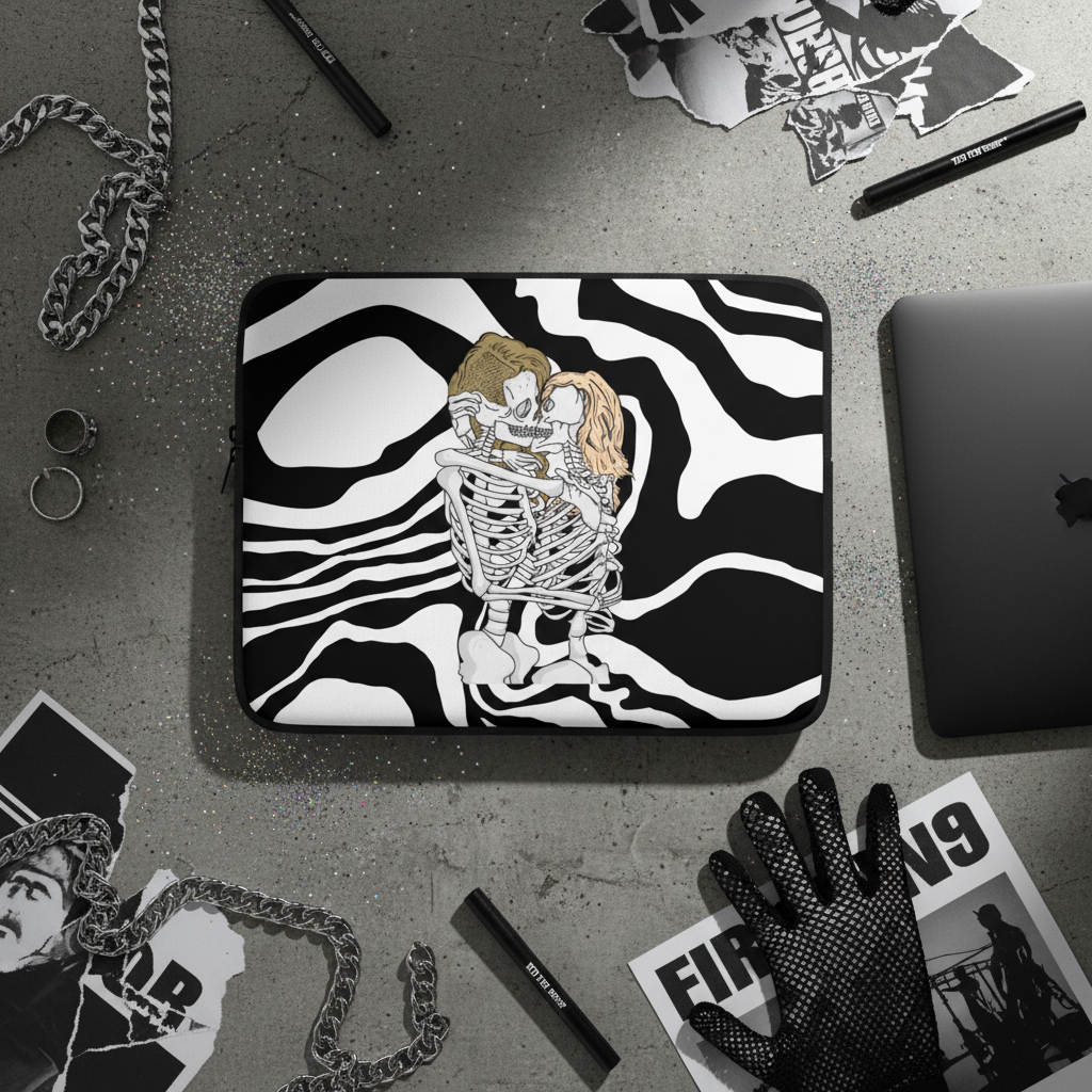 Queer Skeletons Laptop Sleeve shows two folks hugging over swirling stripes, laid on gray with chain, rings, pens, glove, and photos.