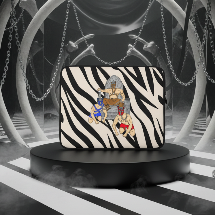 Pup Play Laptop Sleeve with black-and-white zebra stripes, chains, arches, smoke, and three ancient Egyptian figures—queer chic.