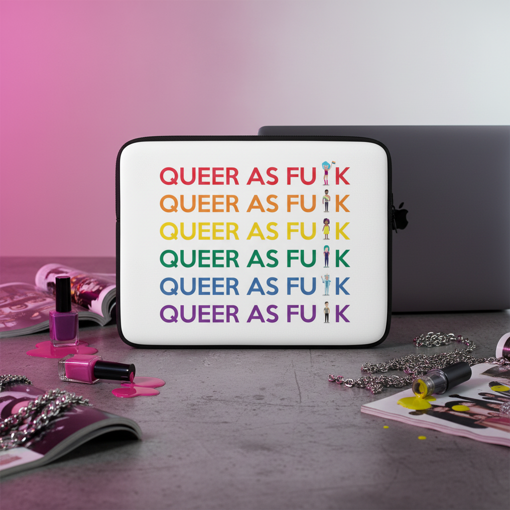 Queer As F**K laptop sleeve on a desk, rainbow text with figure-shaped ‘I’s; nail polish, jewelry, mag, and laptop nearby.