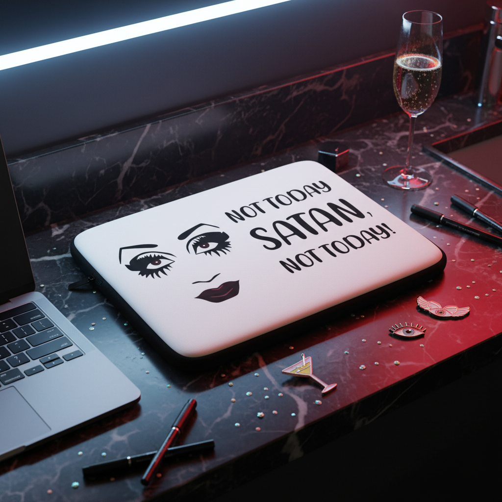 Laptop sleeve with a bold face graphic and "NOT TODAY SATAN NOT TODAY!" sits closed on black marble, confetti, makeup, lipstick, and champagne nearby.