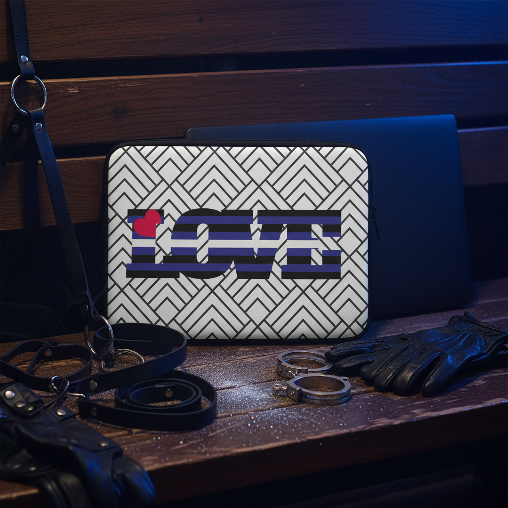 Leather Pride laptop sleeve with black-and-white geometric stripes, “LOVE” in bold, red heart for the O, on bench with queer gear.
