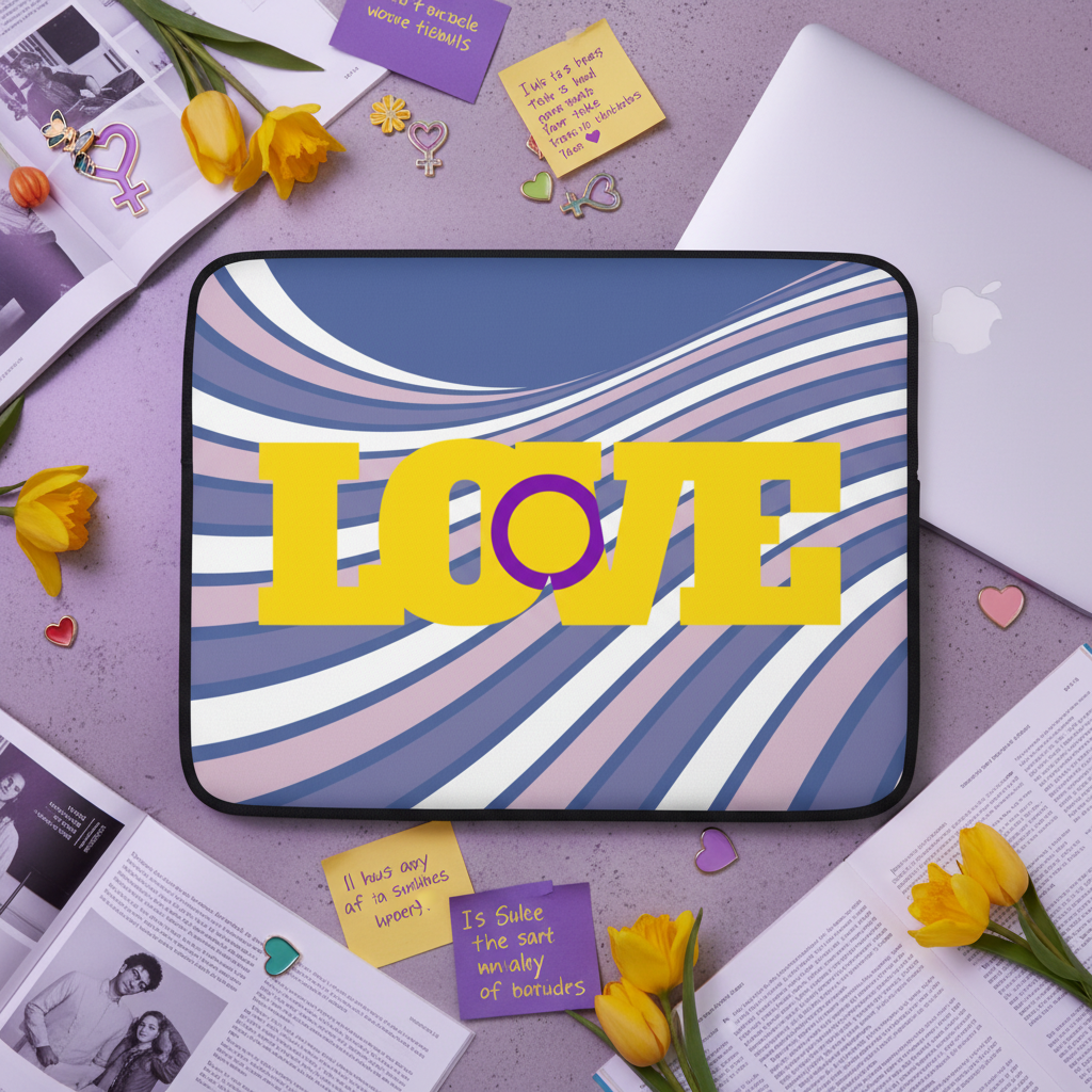 Intersex Love laptop sleeve with bold yellow "LOVE" over blue, white, and purple swirls on lavender desk with queer accessories.