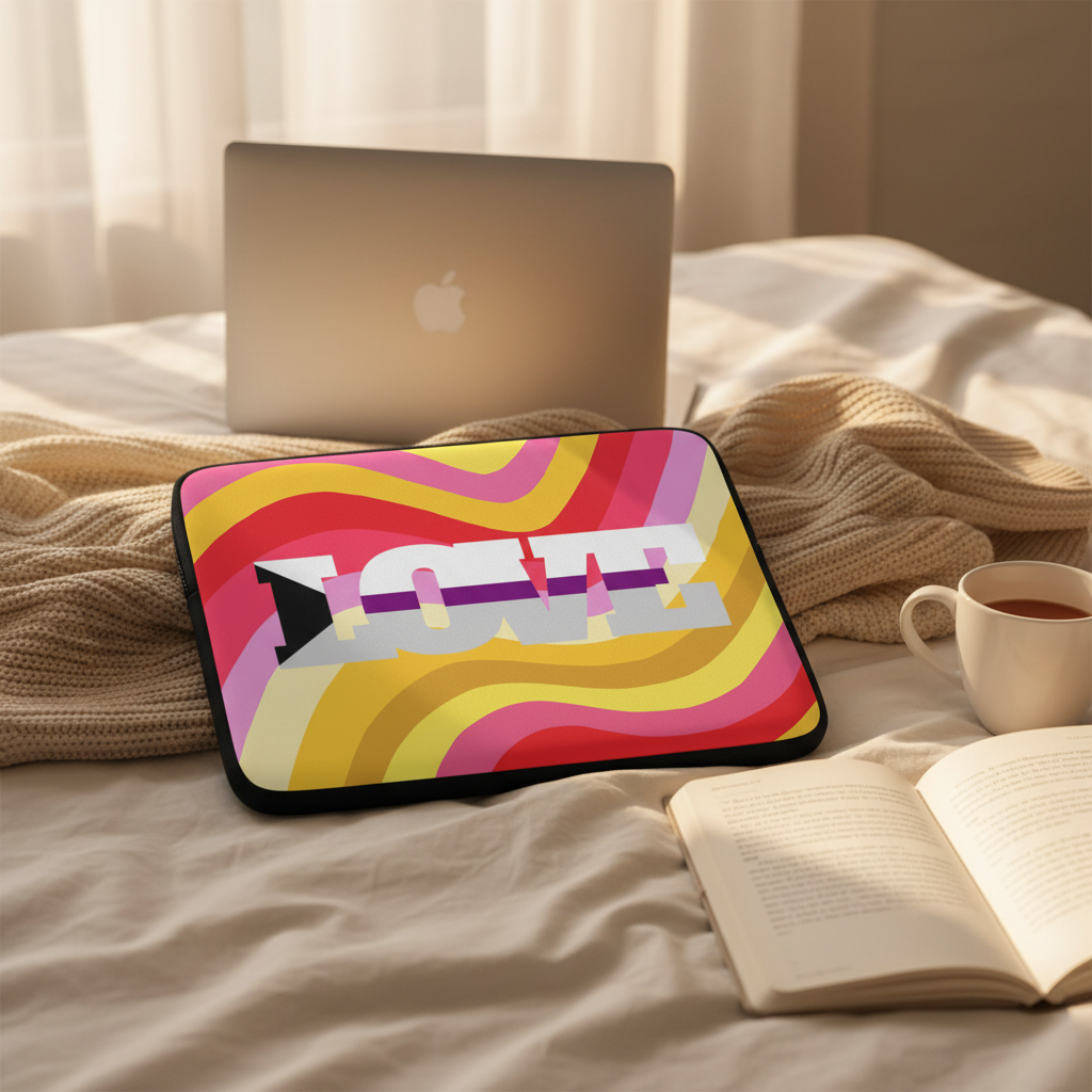 Demisexual LOVE laptop sleeve with bold “LOVE” text rests on beige knit bedding, near tea, a book, and MacBook by sheer curtains.