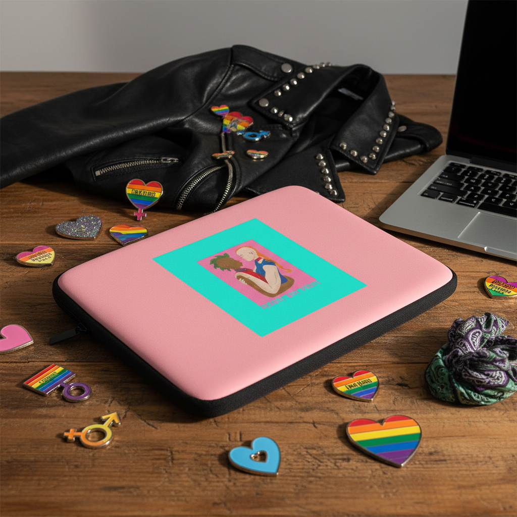 Hearts Not Parts laptop sleeve with pink art and turquoise trim, shown on wood desk with rainbow LGBTQ+ pins, pride gear, and heart charms.
