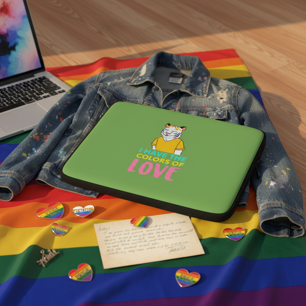 Laptop sleeve with “I HAVE THE COLORS OF LOVE” and a smiling cartoon person, on denim jacket over rainbow Pride flag, rainbow pins.