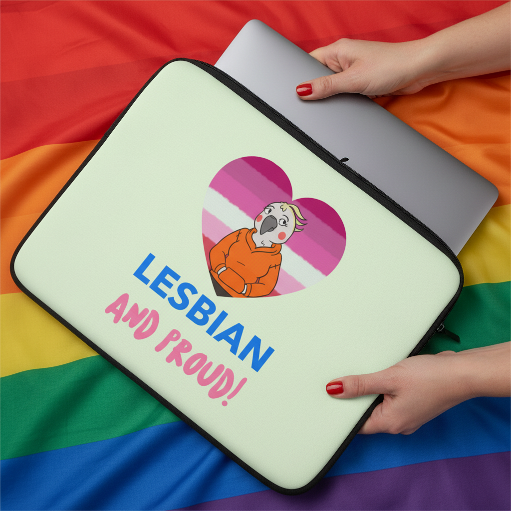 Lesbian And Proud laptop sleeve with a cartoon figure, lesbian pride heart, rainbow flag, blue-and-pink text. Red nails visible.