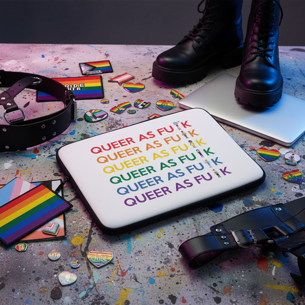 Laptop sleeve with rainbow "QUEER AS F U K" lettering on a splattered backdrop, shown among pride flags, queer pins, and LGBTQ+ gear.