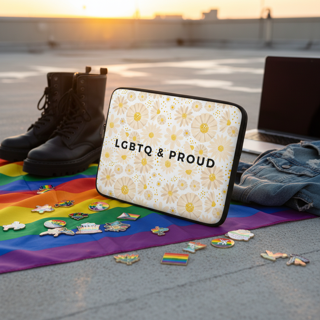 LGBTQ & Proud laptop sleeve with bold floral design rests on a rainbow flag, surrounded by LGBTQ pins, boots, jacket, and laptop.