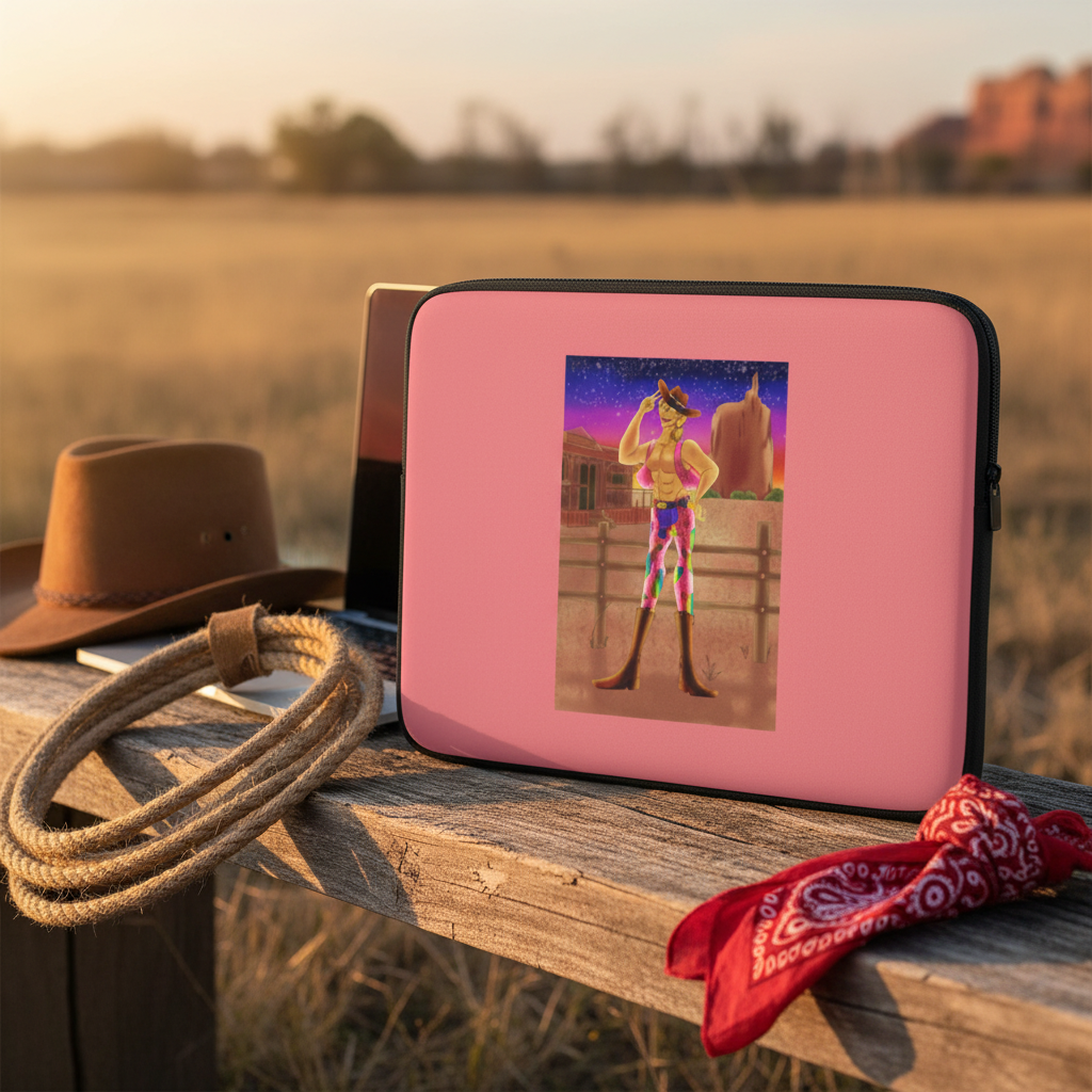 Laptop sleeve featuring a bold, queer cowgirl with cowboy hat, red bandana, lasso, and sunset field scene—serving queer Western vibes.