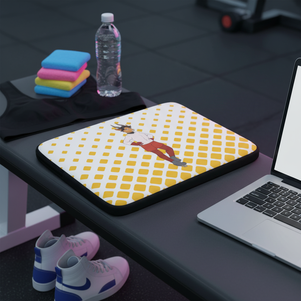Sporty Dyke Laptop Sleeve with a dancing figure on yellow dots sits on a gym bench, near a black shirt, towels, bottle, and white-blue sneakers.