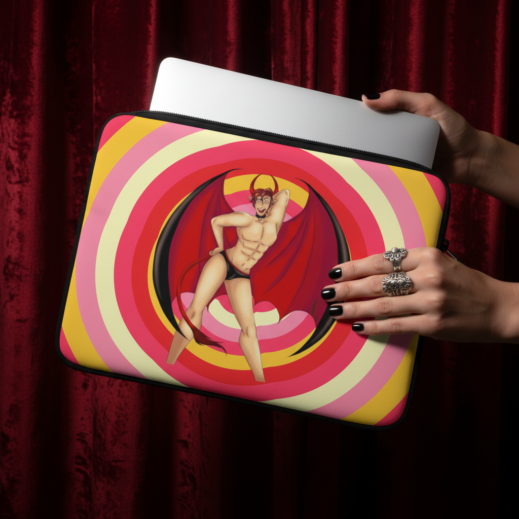 Gay Devil Laptop Sleeve featuring a playful, muscular cartoon devil in a black thong, set on bold red, yellow, and pink circles with a velvet-red curtain; held by hands with black nail polish and rings, silver laptop peeking out.