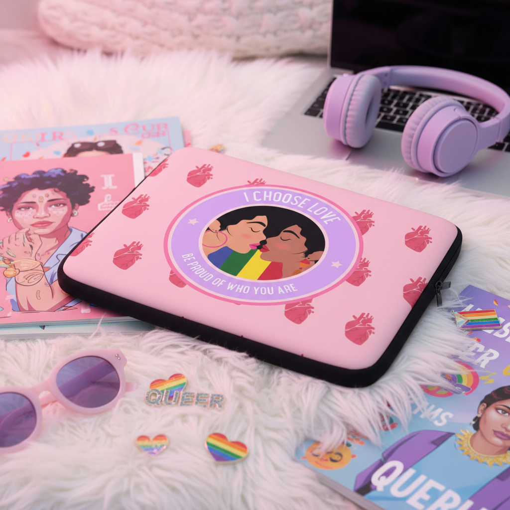 Pink "Be Proud Of Who You Are" laptop sleeve with two people and slogan, on a fluffy rug with queer mags, rainbow heart pins, sunglasses.
