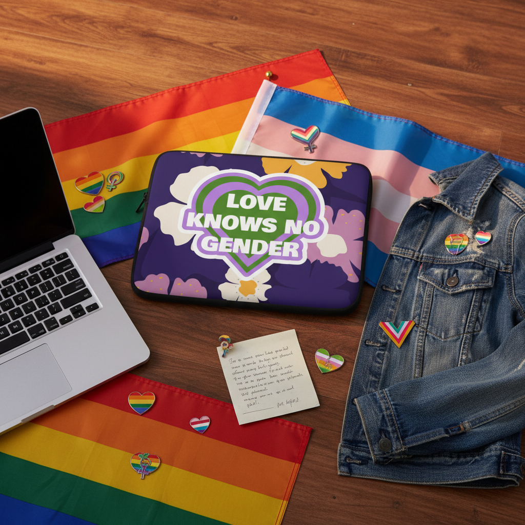 Love Knows No Gender laptop sleeve with a bold rainbow heart sits near a laptop, denim jacket with LGBTQ+ pins, and pride flags.