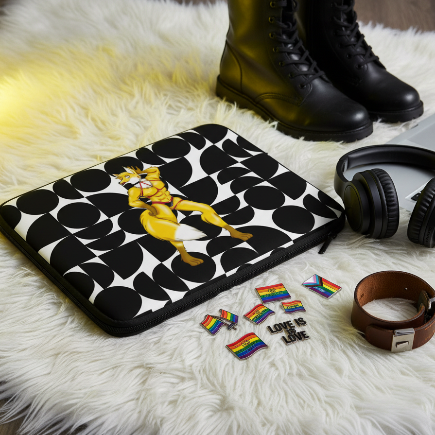 Black and white Hot Gay Furry cartoon laptop sleeve on white fur, with black boots, headphones, leather wristband, rainbow flag pins, and a "LOVE IS LOVE" pin on wood floor.