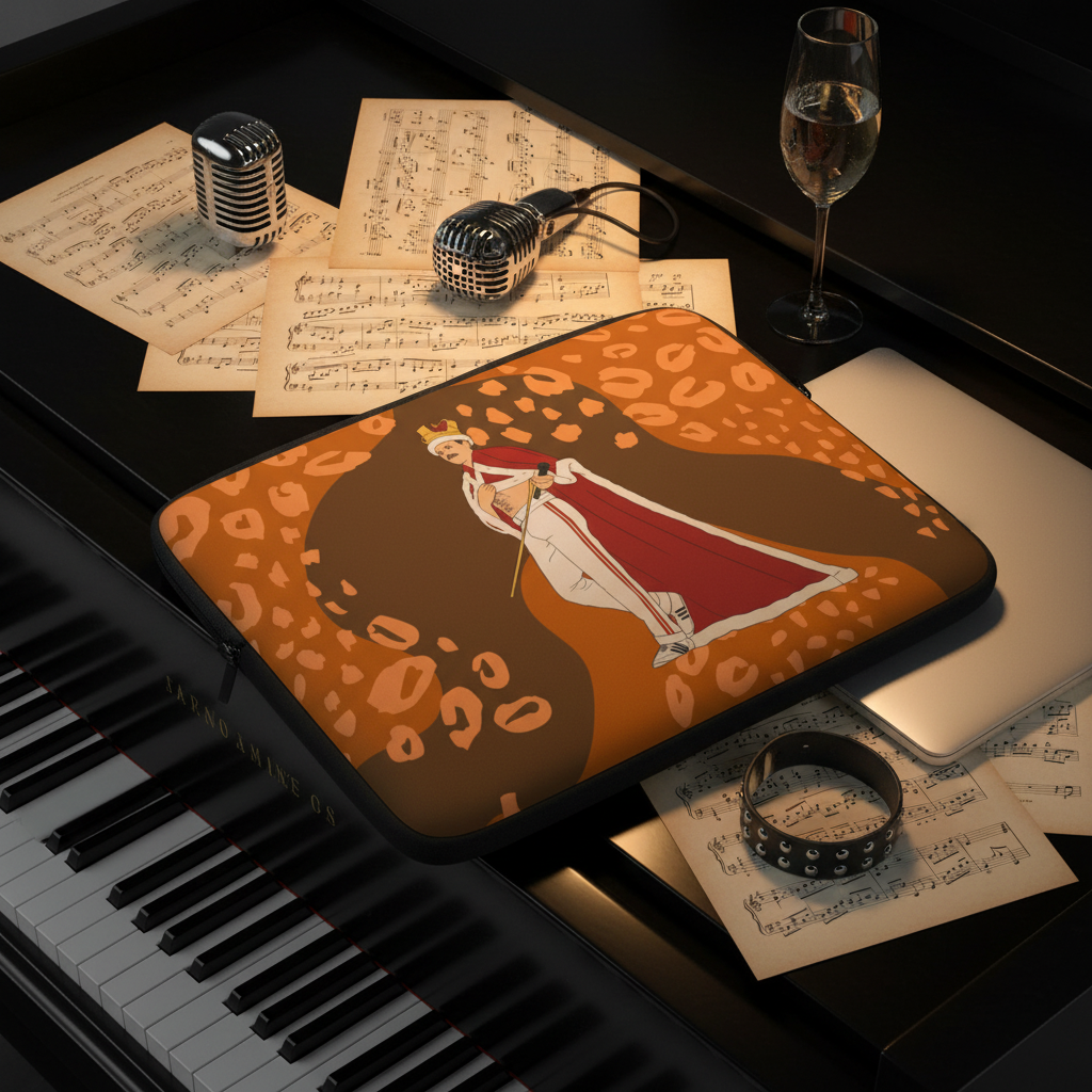 Laptop sleeve with a diva in a red gown on a piano, surrounded by sheet music, vintage mics, studded bracelet, and wine glass.
