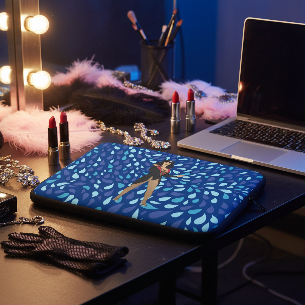 Cher Burlesque Laptop Sleeve showing a dancing woman and blue shapes, on a makeup table with lipstick, jewelry, feathers, and laptop.