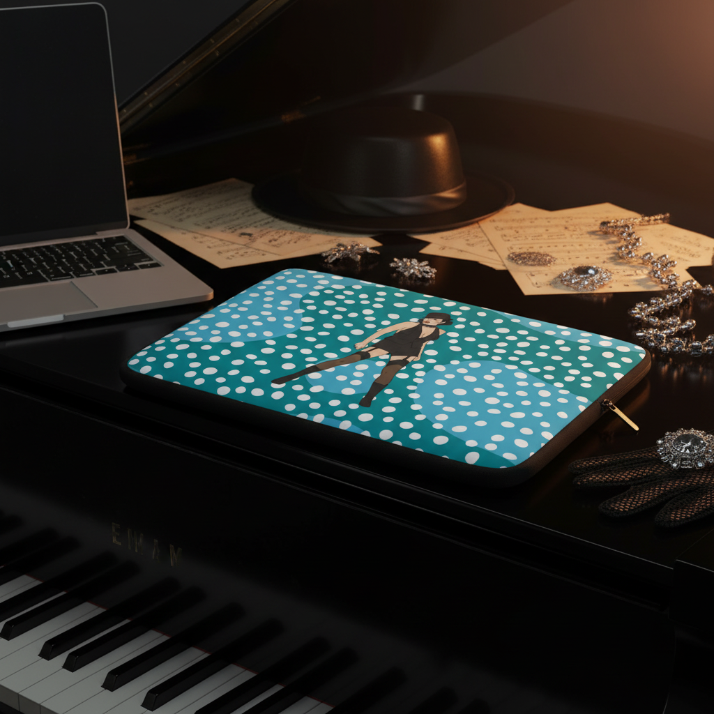 Liza Minnelli Laptop Sleeve with water-resistant polka dots, suited figure, on black piano; open laptop, queer glam hat, sheet music, sparkly jewelry.