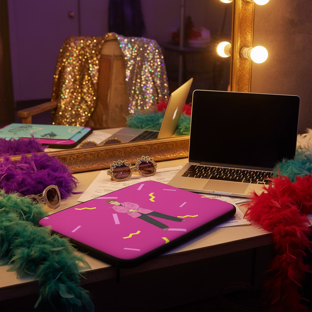 Two bright pink Elton John laptop sleeves with cartoon figures sit on a glam vanity with boas, sequined jacket, sunglasses, and lit mirror.