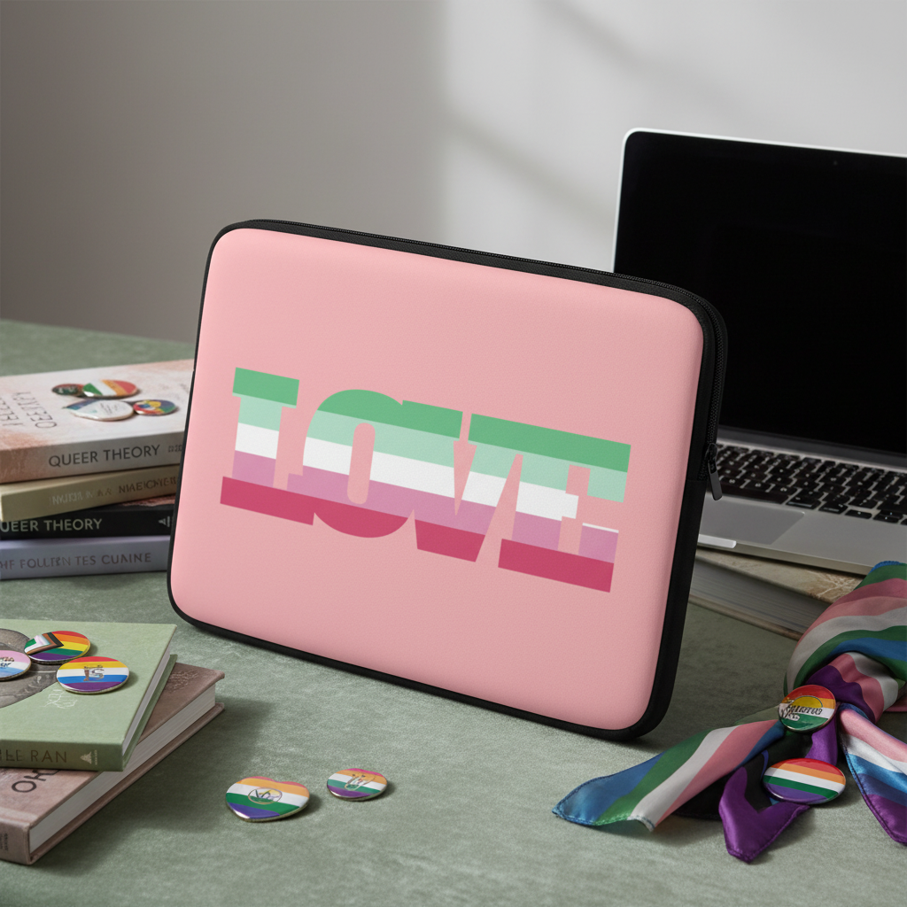 Abrosexual Pride laptop sleeve with bold "LOVE" in pride colors sits on desk amid queer buttons, rainbow scarf, books, and laptop.