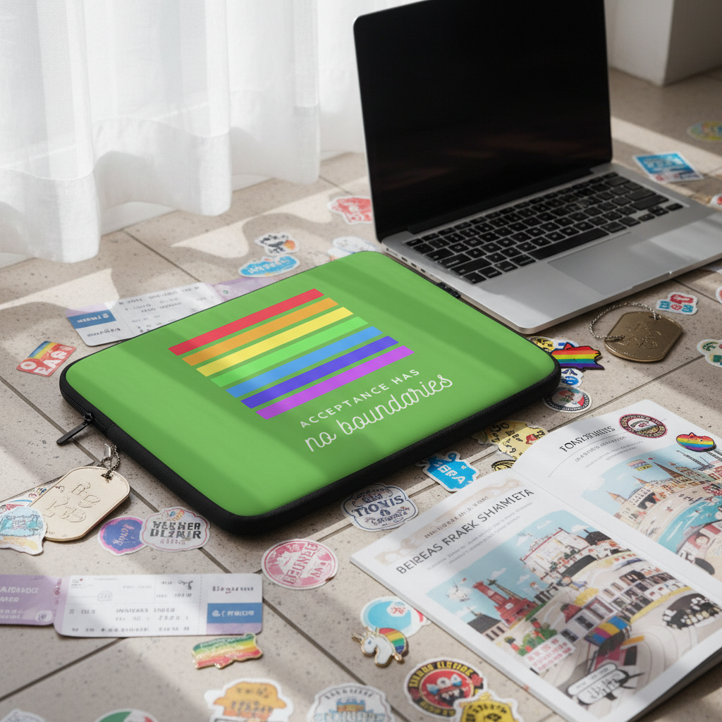Acceptance Has No Boundaries" laptop sleeve with a rainbow motif sits on tile, surrounded by queer stickers, travel swag, and an open laptop.